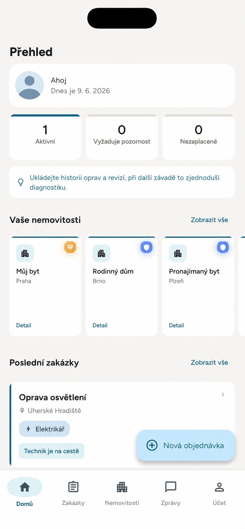 Ukázka přehledu nemovitostí a zakázek v mobilní aplikaci Spolehlivý opravář